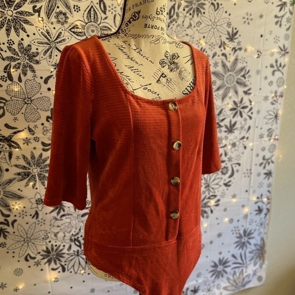 ADORABLE and unique - rust / deep orange red velvet body suit with buttons, L - Picture 5 of 6